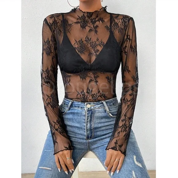 Black Lace Sheer Floral Long Sleeve Top Shirt - Picture 5 of 8